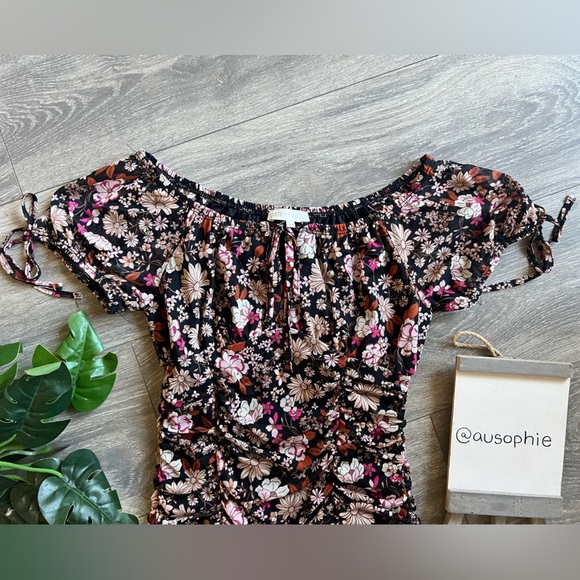 Ultra Flirt Mesh Keyhole Tie Front Ruched Floral Milkmaid Mini Dress. Size S - Picture 3 of 11